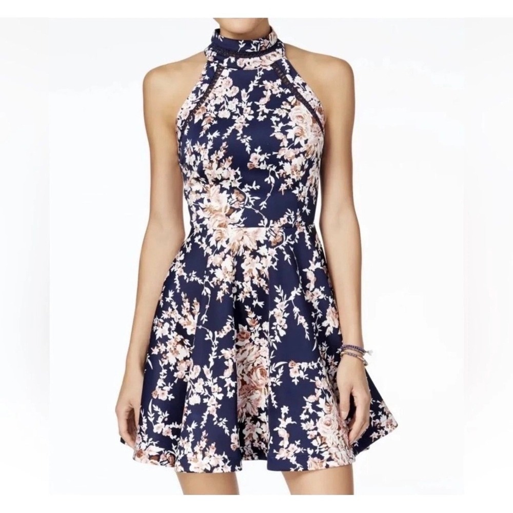 B. Darlin‎ Navy Floral Halter Skater Dress Crochet Trim I56FJ478 Size 7/8